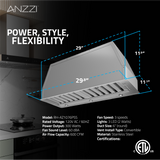 ANZZI 30-Inch 600 CFM 3-Speed Stainless Steel Convertible Residential Insert Range Hood with LED Lamp