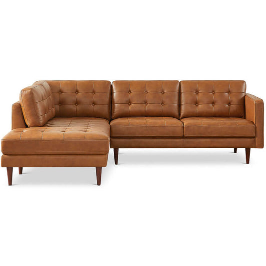 Lucco Mid-Century Modern L-Shaped Genuine Leather Sectional in Cognac Tan