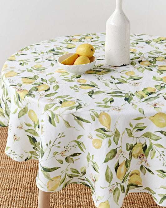 Round linen tablecloth in Citrus garden print on white