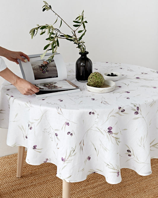 Round linen tablecloth in Olive orchard print on white