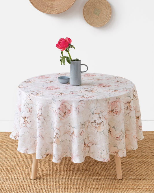Round linen tablecloth in Pastel peonies print