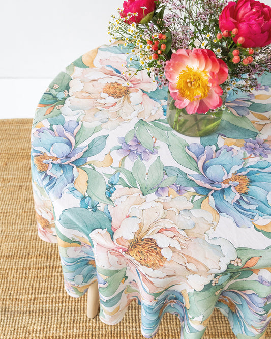 Round linen tablecloth in Vibrant peonies print on white