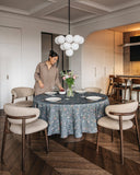 Round linen tablecloth in Wildflowers print on deep navy blue