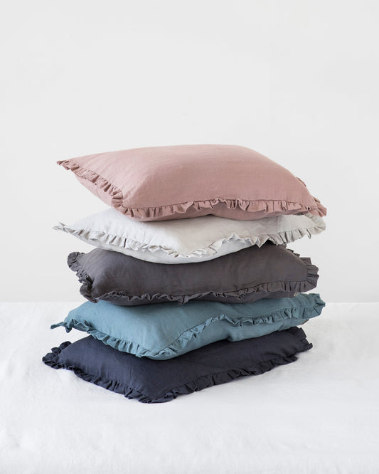 Ruffle trim linen pillowcase in Charcoal gray