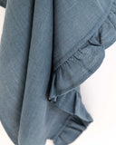 Ruffle trim linen tea towel in Gray blue