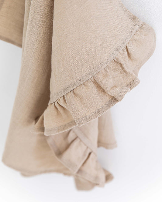 Ruffle trim linen tea towel in Natural linen