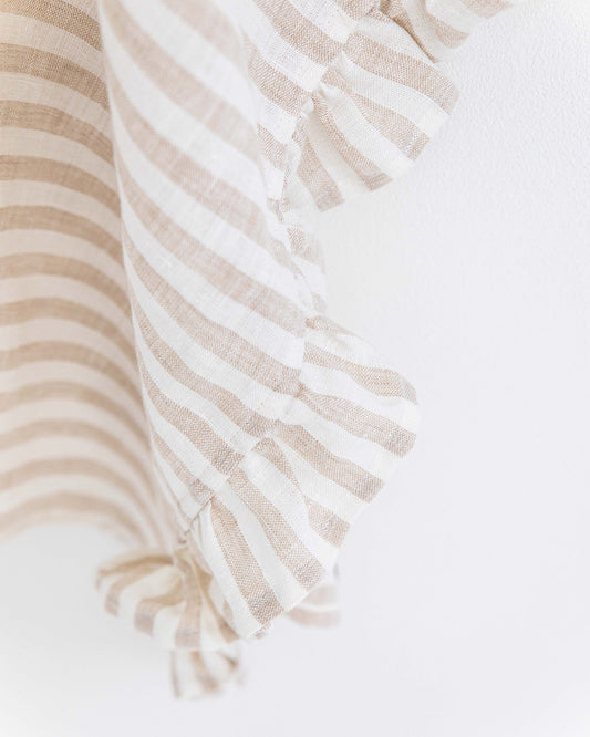 Ruffle trim linen tea towel in Striped in natural