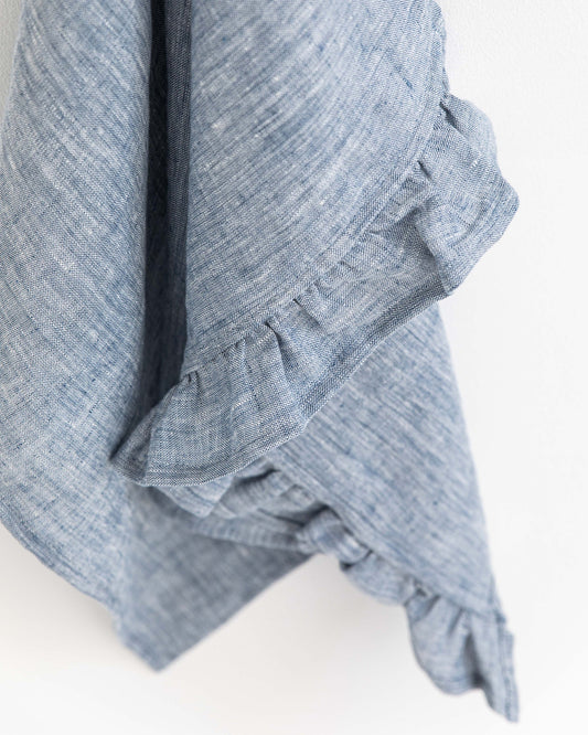 Ruffle trim linen tea towel in Blue melange