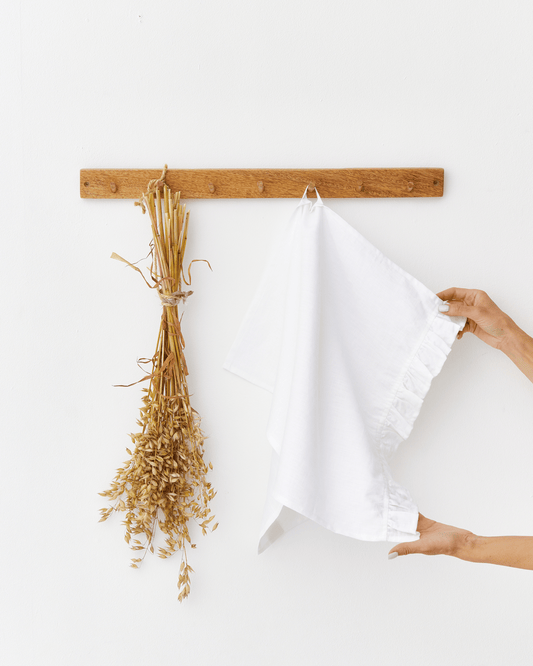 Ruffle trim linen tea towel in White