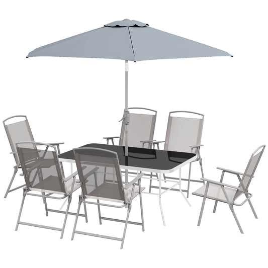 Outsunny 8 Piece Outdoor Dining Set, Patio Furniture Set with Umbrella, 6 Folding Chairs, Rectangle Table and Mesh Seat, Gray