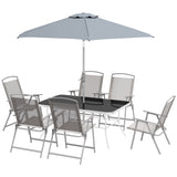 Outsunny 8 Piece Outdoor Dining Set, Patio Furniture Set with Umbrella, 6 Folding Chairs, Rectangle Table and Mesh Seat, Gray