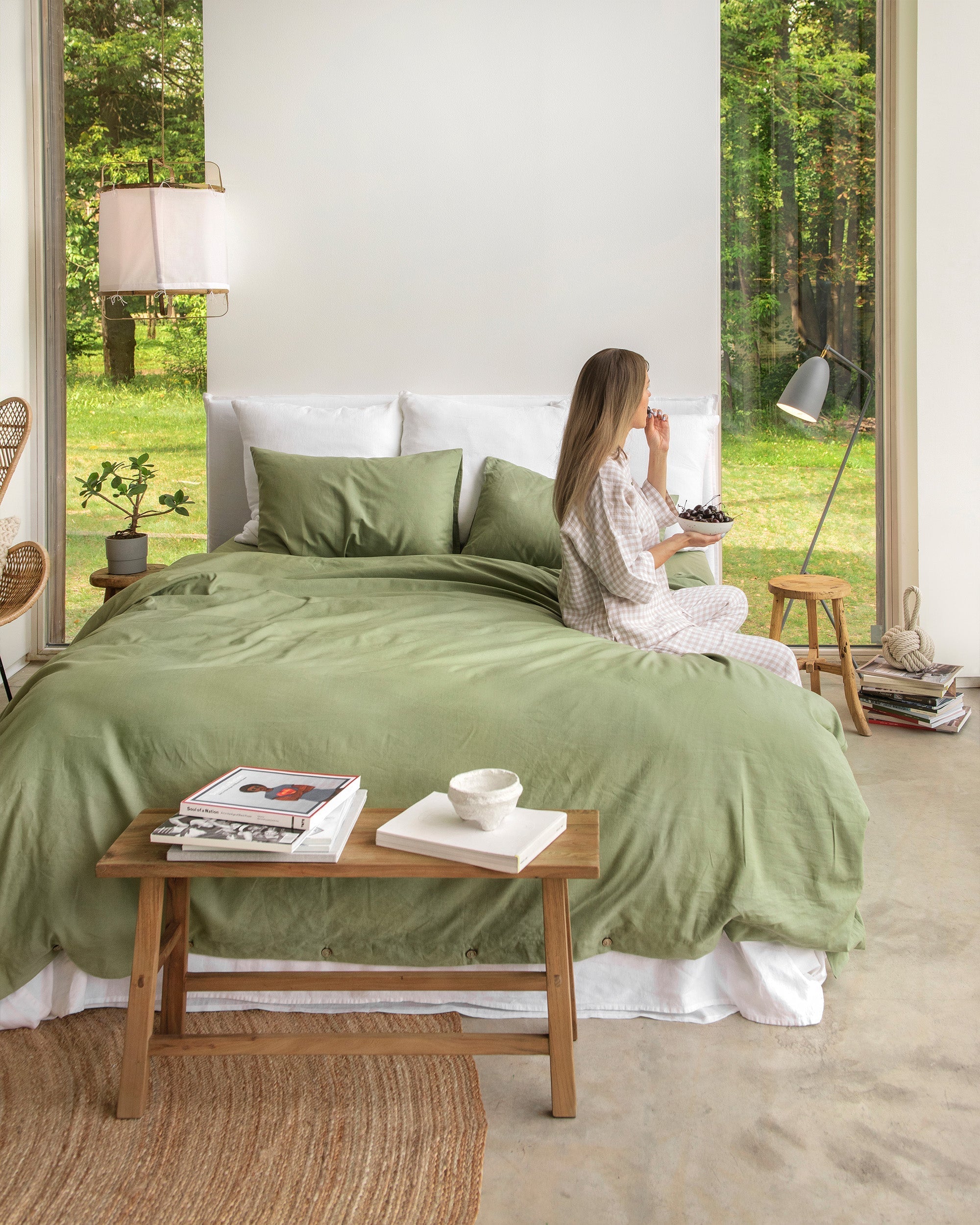 Sage linen-cotton flat sheet