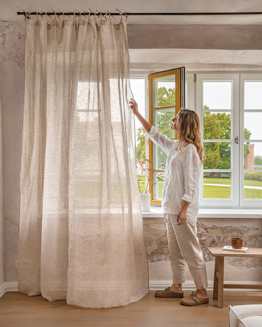 Sheer tie top linen curtain panel in Natural melange (1 pcs)