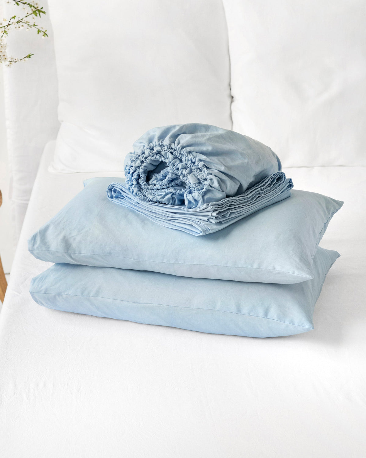 Sky blue linen-cotton sheet set (4 pcs)