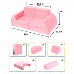 10-Piece Modular Convertible Kids Play Couch Sofa Set with Removable Velvet Covers (Pink)