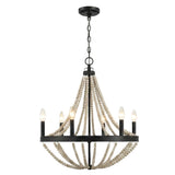 Starry Wood Chandelier Farmhouse Six Candle Light Wood Beaded Black Pendant Light