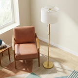 Stellar Wood Rattan Tube - Gold Brass Metal and White Linen Shade Floor Lamp