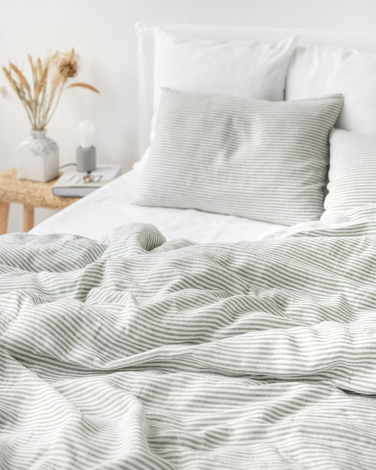 Striped in forest green linen duvet cover set (3 pcs)