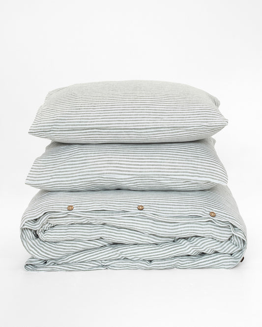 Striped in forest green linen duvet cover set (3 pcs)