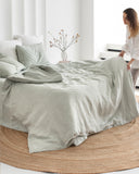 Striped in forest green linen duvet cover set (3 pcs)