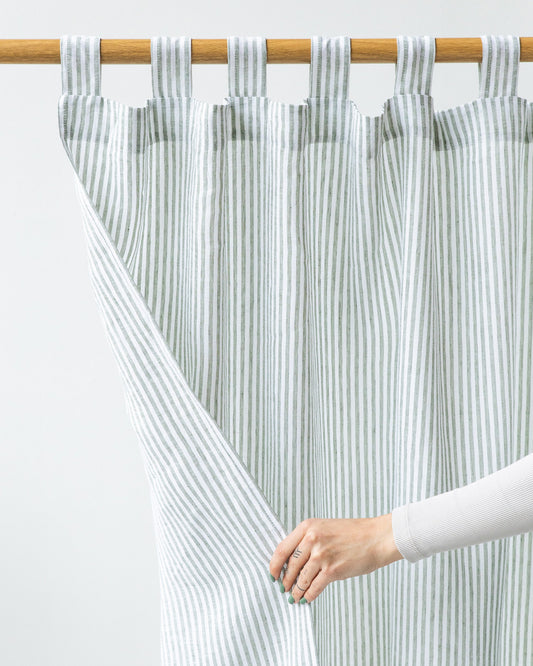 Tab top linen curtain panel (1 pcs) in Striped in Forest Green