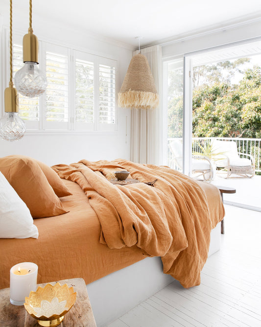 Tan linen fitted sheet
