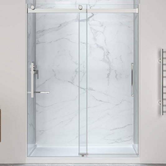 Stellar Series 76 in. x 45-48 in. Sliding Frameless Shower Door with Alcove Shower Base - Multiple Finishes