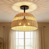 Twinkle 2-Light Rattan Semi-Flush Mount | Black Metal & Woven Farmhouse Ceiling Light