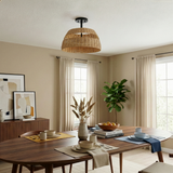 Twinkle 2-Light Rattan Semi-Flush Mount | Black Metal & Woven Farmhouse Ceiling Light