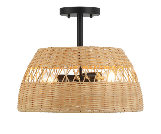 Twinkle 2-Light Rattan Semi-Flush Mount | Black Metal & Woven Farmhouse Ceiling Light