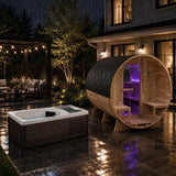 4-6 Person Electric Rock Heater Outdoor Barrel Panoramic Cedar Sauna with 1-Person White Cold Plunge & Built-in Chiller