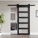 Frasassi Series 36 in. x 84 in. Light Wood MDF Interior Sliding Barn Door with Frosted Glass and Hardware Kit in Matte Black