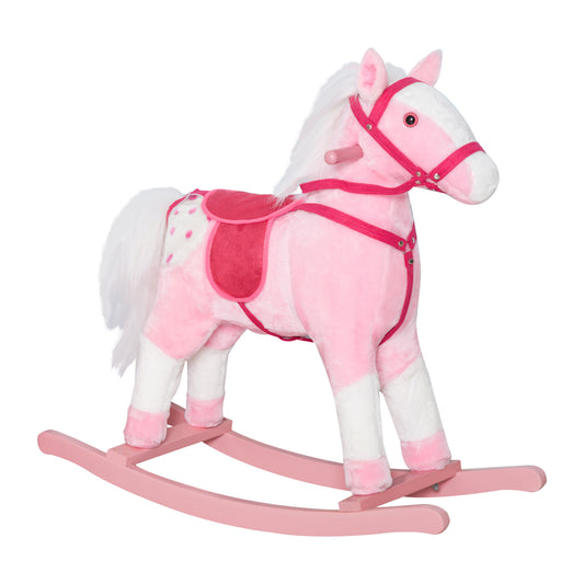 Qaba Plush Pink Rocking Horse, Toddler Ride-On Toy with Realistic Sounds, Birthday Gift for Girls