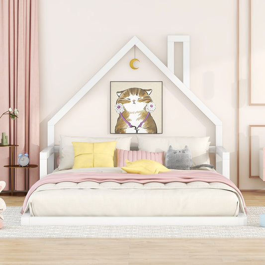 Full Size Floor Bed for Kids with House-Shaped Headboard, Sturdy Pine Wood Construction, Easy Assembly, 78" L x 56.5" W x 46.5" H, White