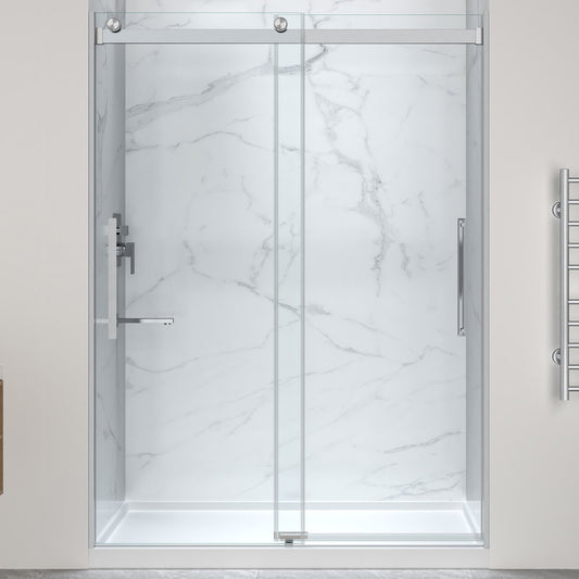 Stellar Series 76 in. x 45-48 in. Sliding Frameless Shower Door with Alcove Shower Base - Multiple Finishes