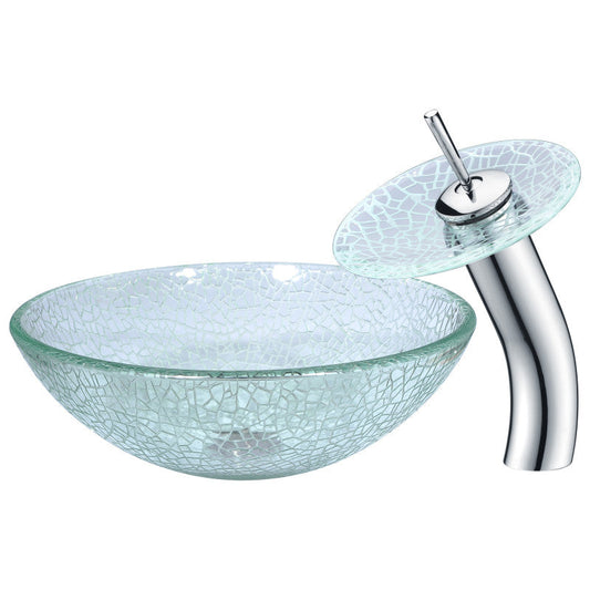 Choir Series 17 in. Round Bathroom Vessel Sink in Crystal Clear Mosaic Glass with Matching Chrome Waterfall Faucet