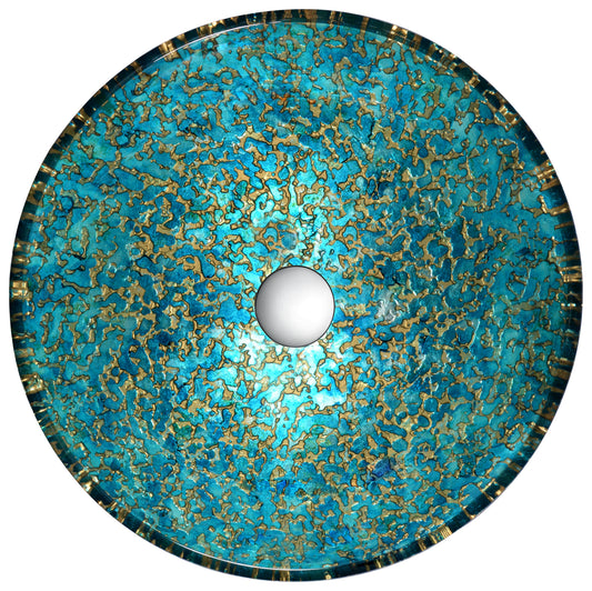 Chrona Series 17 in. Round Bathroom Vessel Sink with Stain-Resistant Non-Porous Surface in Gold/Cyan Mix Finish Glass