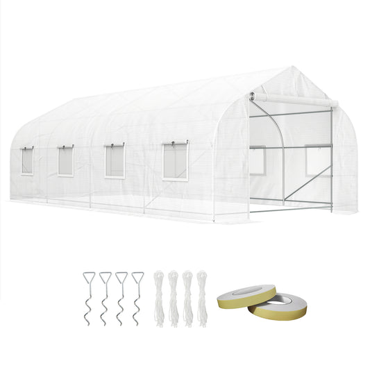 Outsunny 20' x 10' x 7' Tunnel Greenhouse, Large Walk-In Warm House with Roll Up Door for Backyard, Patio & Lawn, White