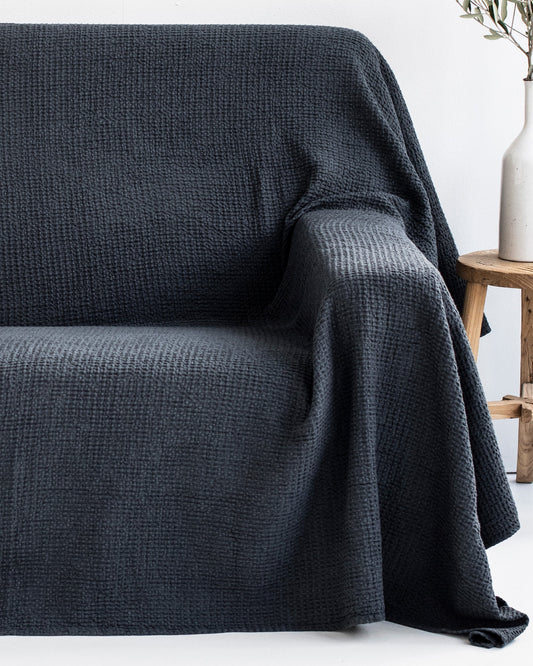 Waffle linen couch cover in Dark gray