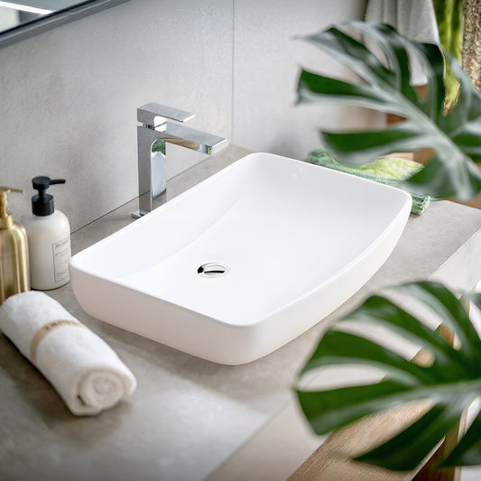 Molly Series 23 in. Rectangular Ceramic Vessel Sink Basin in Glossy White with Curved Edge for Countertop Bathroom Vanity