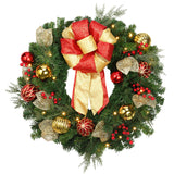 24 Inch Madison Pre-lit Wreath with Warm White LED Lights and Shatterproof Ornaments