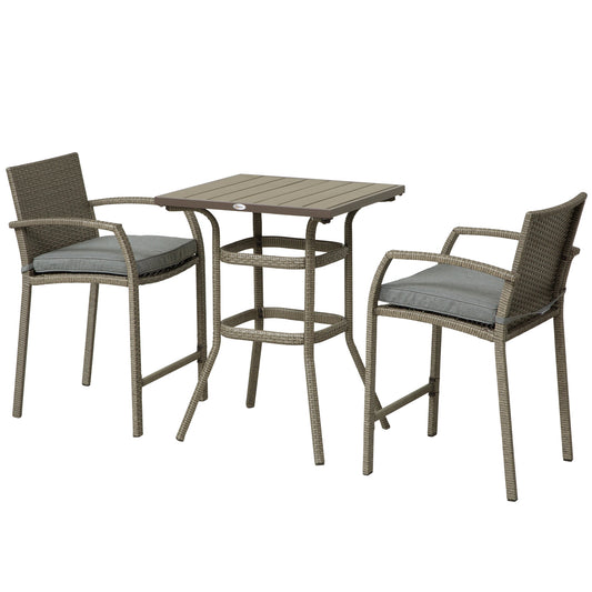 Outsunny 3PC Rattan Wicker Bar Set Patio Wood Grain Table Top 2 Stools Grey