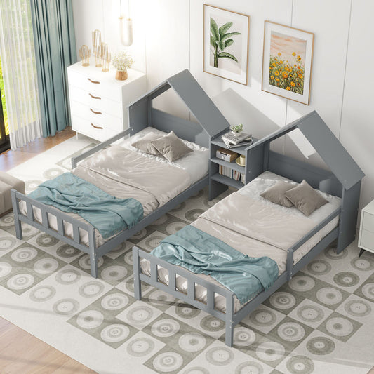 Double Twin Size Platform Bed with House-Shaped Headboard, Built-in Nightstand, Solid Wood Bed for Kids, 99.5" L x 78" W x 48" H, Grey