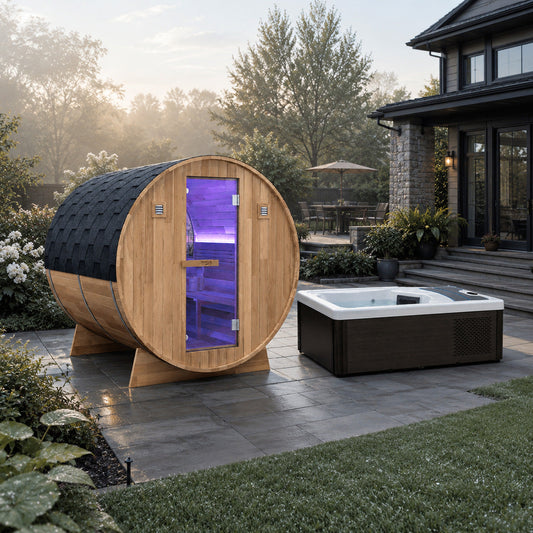 4-6 Person Electric Rock Heater Outdoor White Cedar Sauna with 1-Person All-in-One White Cold Plunge & Built-in Chiller