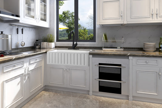 ANZZI Roine Farmhouse Reversible Apron Front Solid Surface Man Made Stone 30 inch Single Basin Kitchen Sink in White -Matte Finish