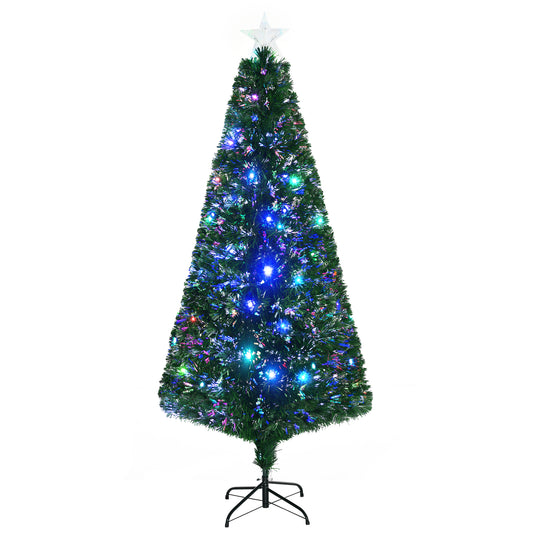 HOMCOM 6ft Artificial Flocked Christmas Tree Pre Lit, Lighted Christmas Tree, 24 Multi-Color LED Lights, Fiber Optics and 230 Tips, Green