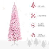 HOMCOM 6ft Tall Unlit Snow Flocked Artificial Christmas Tree Slim Pencil Xmas Tree with Pine Shape and Realistic Branches, Pink