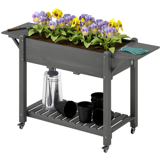 Outsunny Wood Raised Planter Box, Elevated Garden Bed with Lockable Wheels, Side Tables, Bottom Shelf, Drain Holes, Gray