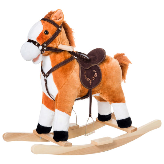 Qaba Kids Plush Rocking Horse, Wooden, Realistic Sounds, Moving Tail, Brown, Interactive Fun for Toddlers